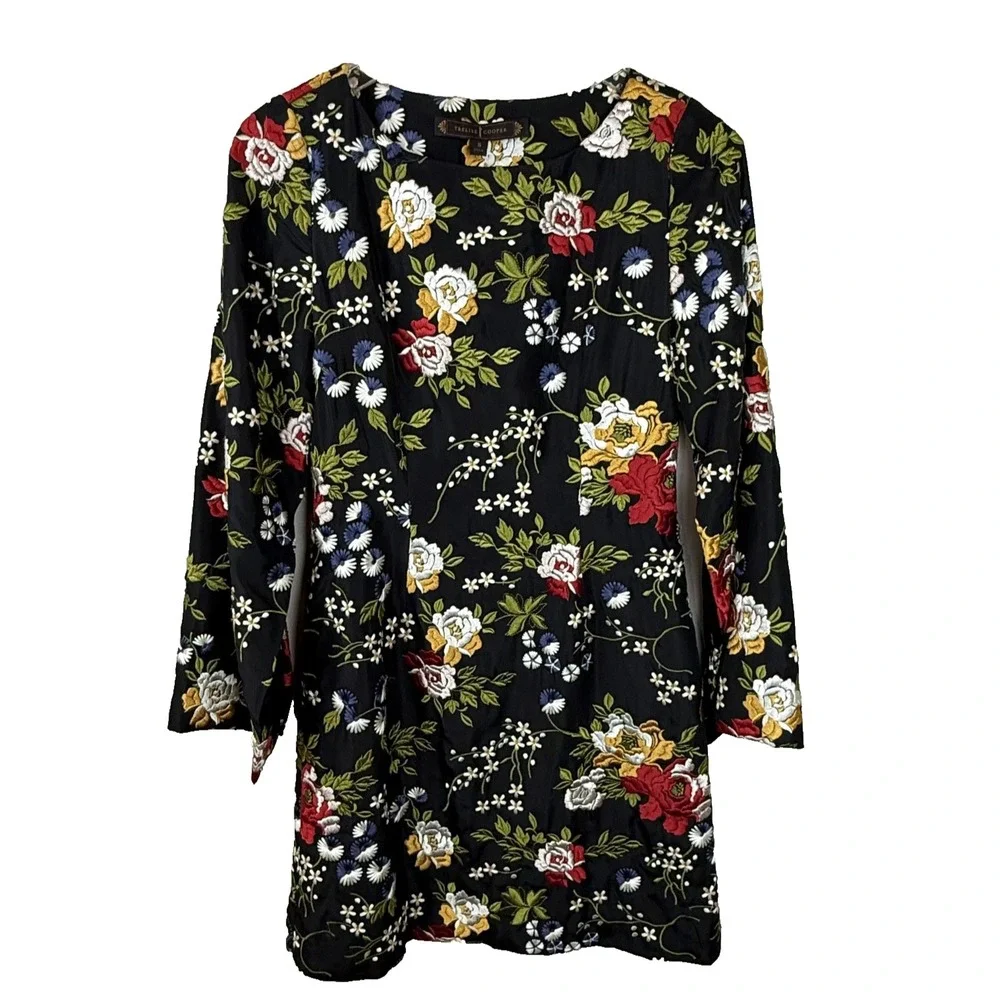 Trelise Cooper Dress 6 Black Silk Embroidered Floral Boston Tee Party‎ READ